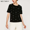 WOTWOY Summer Pearls Beaded T-Shirt Women Cotton Loose Casual Black Tops Women Short Sleeve