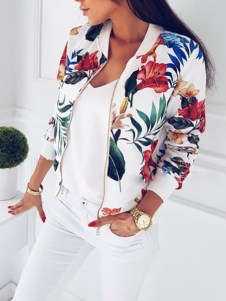 Women Coat Fashion Ladies Retro Floral Zipper Up Bomber Jacket Casual Coat
