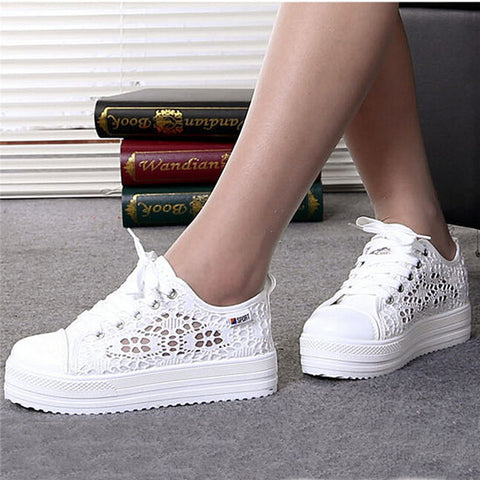 GAOKE Summer Women Shoes Casual Cutouts Lace Canvas Shoes Hollow Floral Breathable