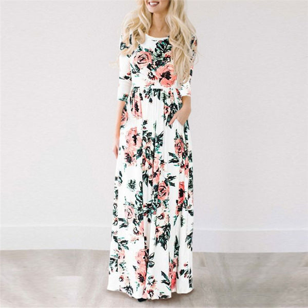 2018 Summer Long Dress Floral Print Boho Beach Dress Tunic Maxi Dress Women Evening Party Dress