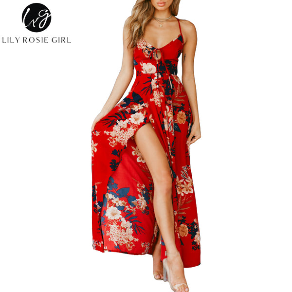 Lily Rosie Girl Red Floral Print Sexy Lace Up V Neck Women Maxi Dresses Summer Split