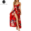 Lily Rosie Girl Red Floral Print Sexy Lace Up V Neck Women Maxi Dresses Summer Split