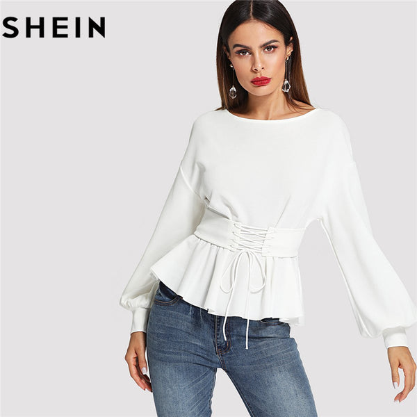 SHEIN Beige Long Lantern Sleeve Lady Work Elegant Blouses Fashion 2018 Spring Autumn