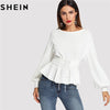 SHEIN Beige Long Lantern Sleeve Lady Work Elegant Blouses Fashion 2018 Spring Autumn