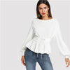 SHEIN Beige Long Lantern Sleeve Lady Work Elegant Blouses Fashion 2018 Spring Autumn