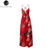 Lily Rosie Girl Red Floral Print Sexy Lace Up V Neck Women Maxi Dresses Summer Split