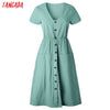 Tangada 2018 summer cotton dress women tunic v neck short sleeve pink midi dresses