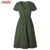 Tangada 2018 summer cotton dress women tunic v neck short sleeve pink midi dresses