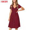 Tangada 2018 summer cotton dress women tunic v neck short sleeve pink midi dresses