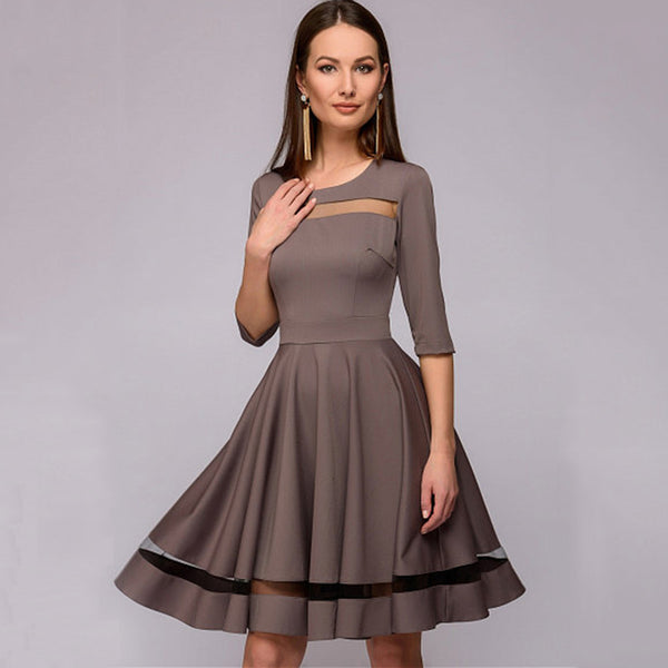 Elegant Mesh Patchwork A-line Dress Women 2018 Summer Sexy Hollow Out Half Sleeves