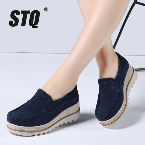STQ 2018 Autumn women flats shoes platform sneakers shoes leather suede casual shoes