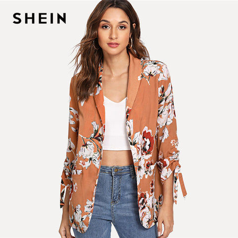 SHEIN Khaki Drawstring Sleeve Floral Print Coat Office Ladies Long Sleeve Waterfall Outerwear