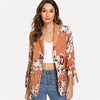 SHEIN Khaki Drawstring Sleeve Floral Print Coat Office Ladies Long Sleeve Waterfall Outerwear